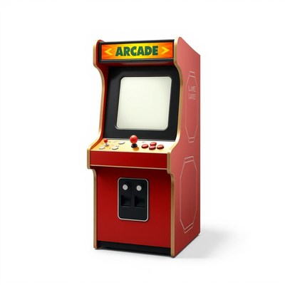 A red arcade game cabinet stands on a white background