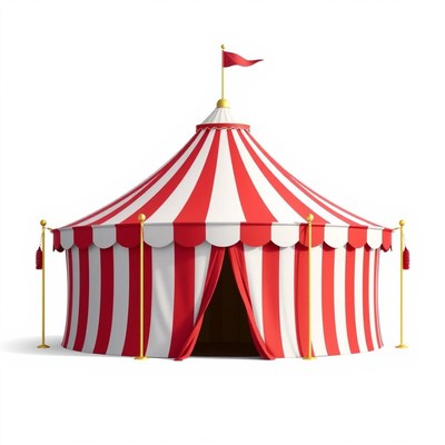 A red and white striped circus tent stands ready