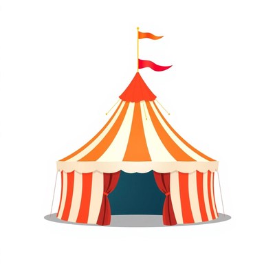 A red and white striped circus tent stands ready