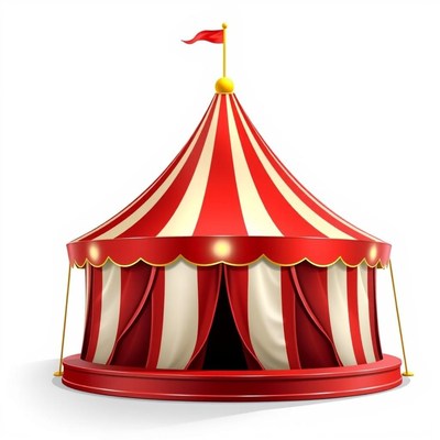 A red and white striped circus tent stands ready