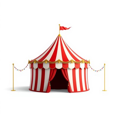 A red and white striped circus tent with a flag on top