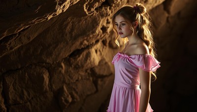 A young woman stands in a cave, wearing a pink dress