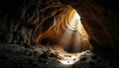 Light shines through the entrance of a cave