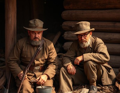 Two men sit outside a log cabin