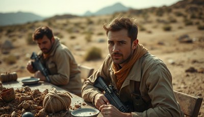 A soldier sits at a table in the desert