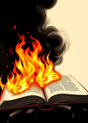 A book burns with bright flames and smoke