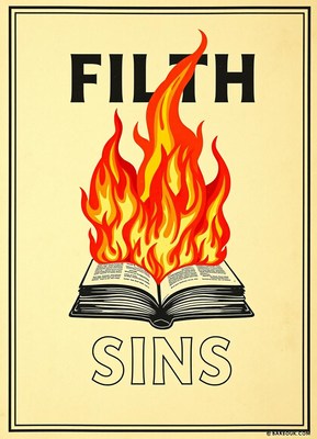 A book is on fire with filth sins printed above it