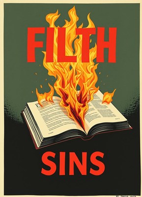 A book burns with flames that say filth sins