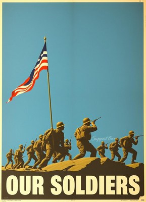 Soldiers march with the american flag waving