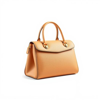 A tan leather handbag with gold accents