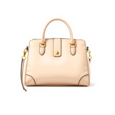 A beige leather handbag with a strap