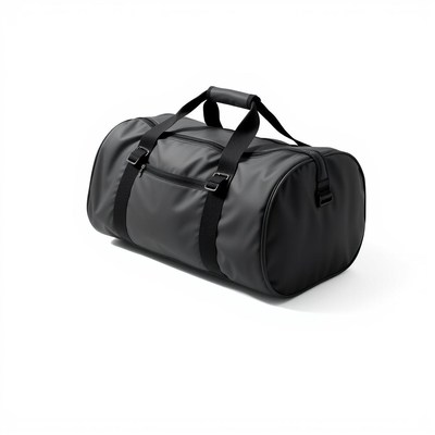 A gray duffel bag with black straps