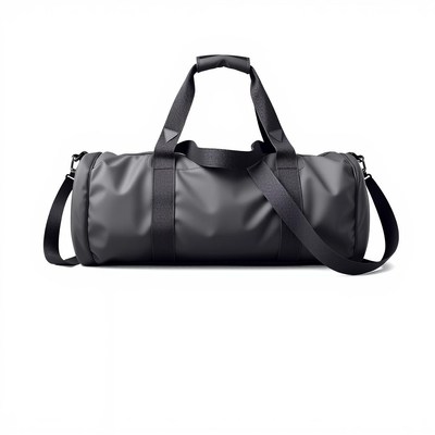 A black duffel bag sits on a white background