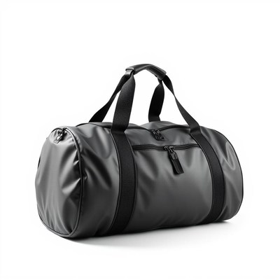 A black duffel bag with a zippered closure
