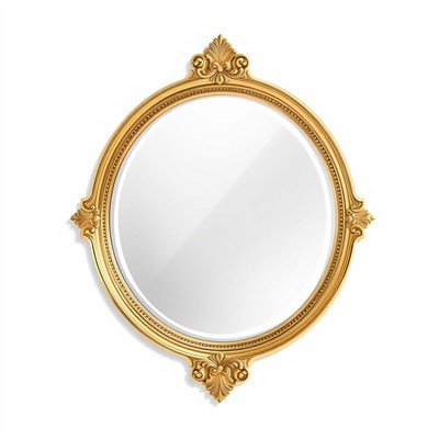A gold oval mirror with ornate detailing