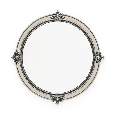 A silver round frame with ornate details