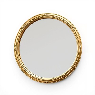 A gold-framed round mirror sits on a white wall