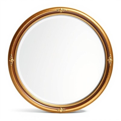 A round gold mirror with ornate details