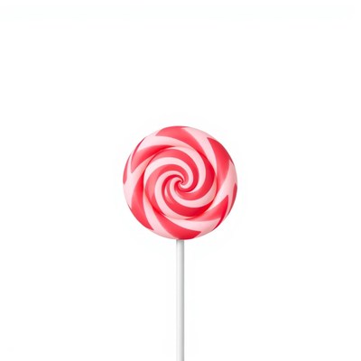 A red and white swirl lollipop on a white background