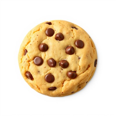 A single chocolate chip cookie on a white background