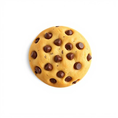 A single chocolate chip cookie sits on a white background