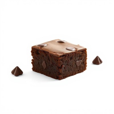 Chocolate brownie with chips on white background