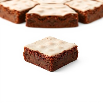 A single chocolate brownie sits on a white background