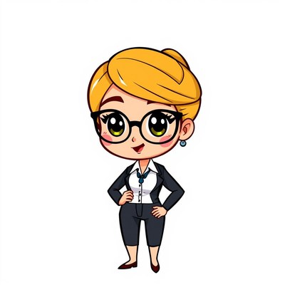 Blonde cartoon woman in glasses, hands on hips