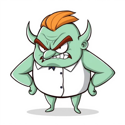Angry green monster with horns stands arms crossed
