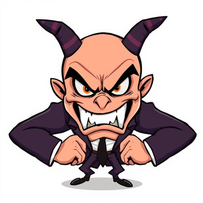 A devilish horned man stands menacingly hands on hips