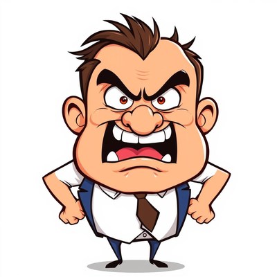 An angry cartoon man yells with his hands on his hips