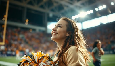 A cheerleader smiles at a game
