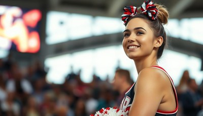 A cheerleader smiles at the crowd during a game