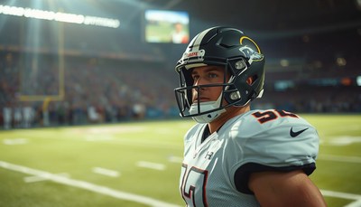 A football player in a white jersey stands on the field