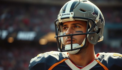 A football player in a helmet looks out at the field