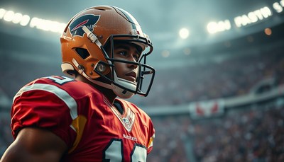 A football player in red and gold surveys the stadium