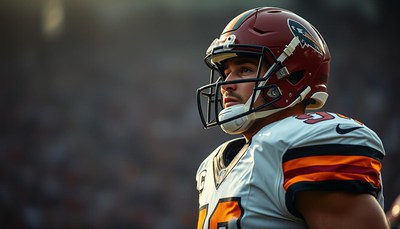 A football player in a maroon helmet stands on the field
