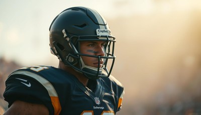 A football player stands on the field, looking determined