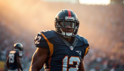 A football player stands on the field, ready for the game