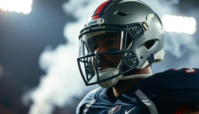 A football player looks intense on the field