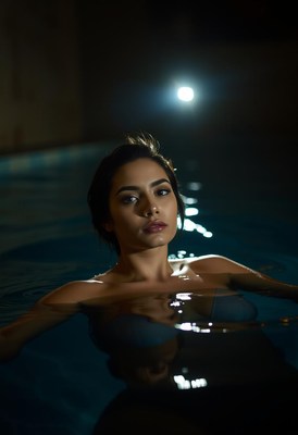 A woman floats in a pool at night