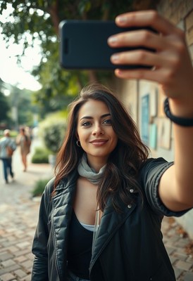 A woman takes a selfie in the city