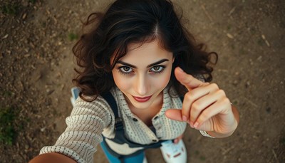 A woman points to the camera while looking up