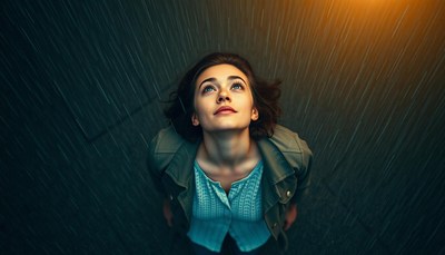 A woman looks up at the rain
