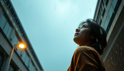 A woman looks up at the rain in the city
