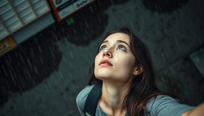 A woman looks up at the sky in the city