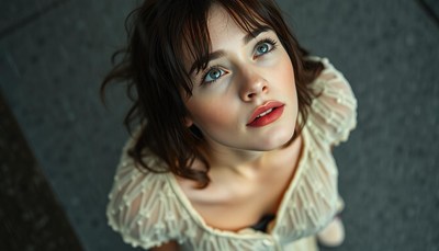 A woman looks up with a thoughtful expression