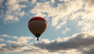 A hot air balloon floats through the sky