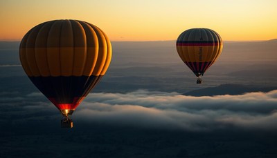 Two hot air balloons fly above the clouds at sunrise