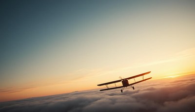 A small plane flies above the clouds at sunset